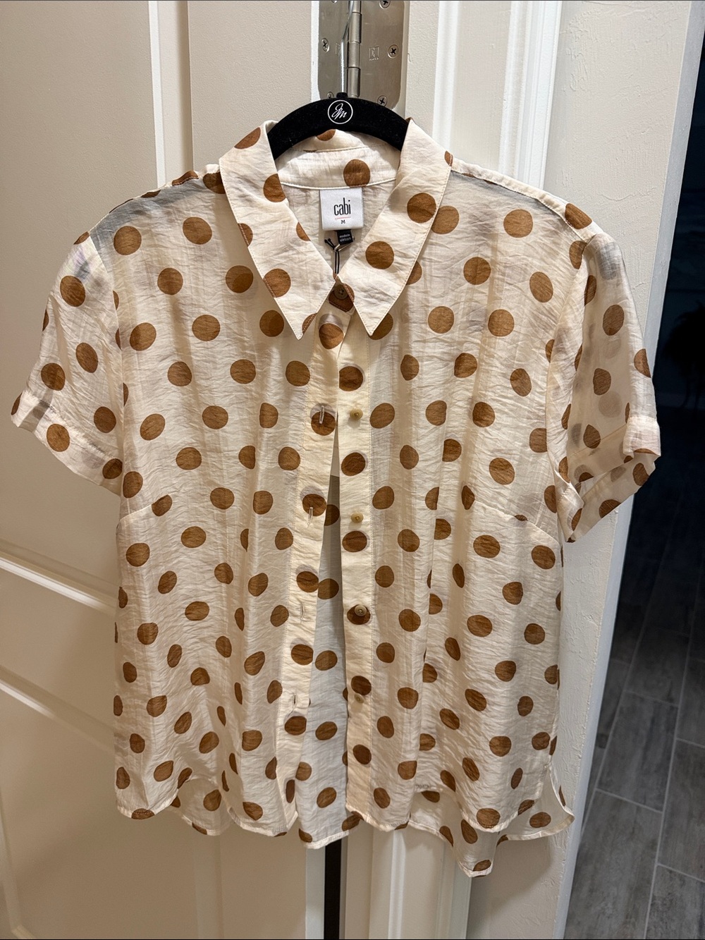 CAbi Spectator Shirt- Cream Short-Sleeve Button-Down with Brown Polka Dots